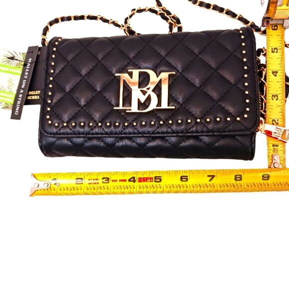 Badgley Mischka Quilted Wallet on a Chain Purse Black Crossbody Gold Studs Glam - Picture 15 of 16